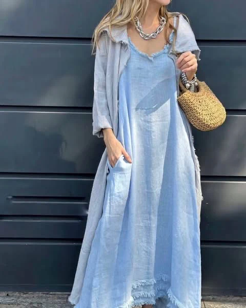 Boho Style Maxi Dress with Lightweight Kimono (Linen) - Image 4