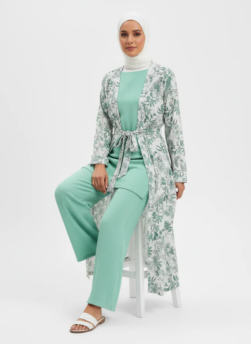 Printed Linen Three-Piece Kimono Set