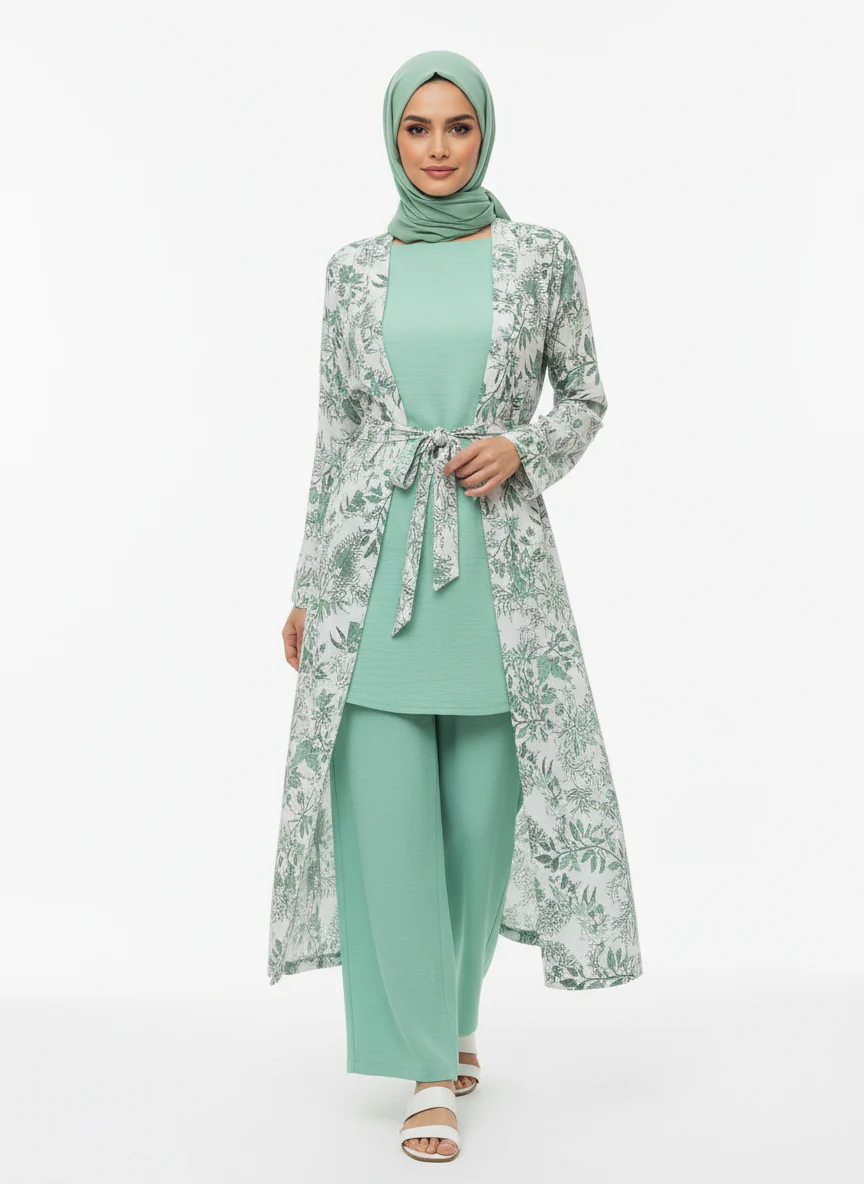 Printed Linen Three-Piece Kimono Set - Image 4