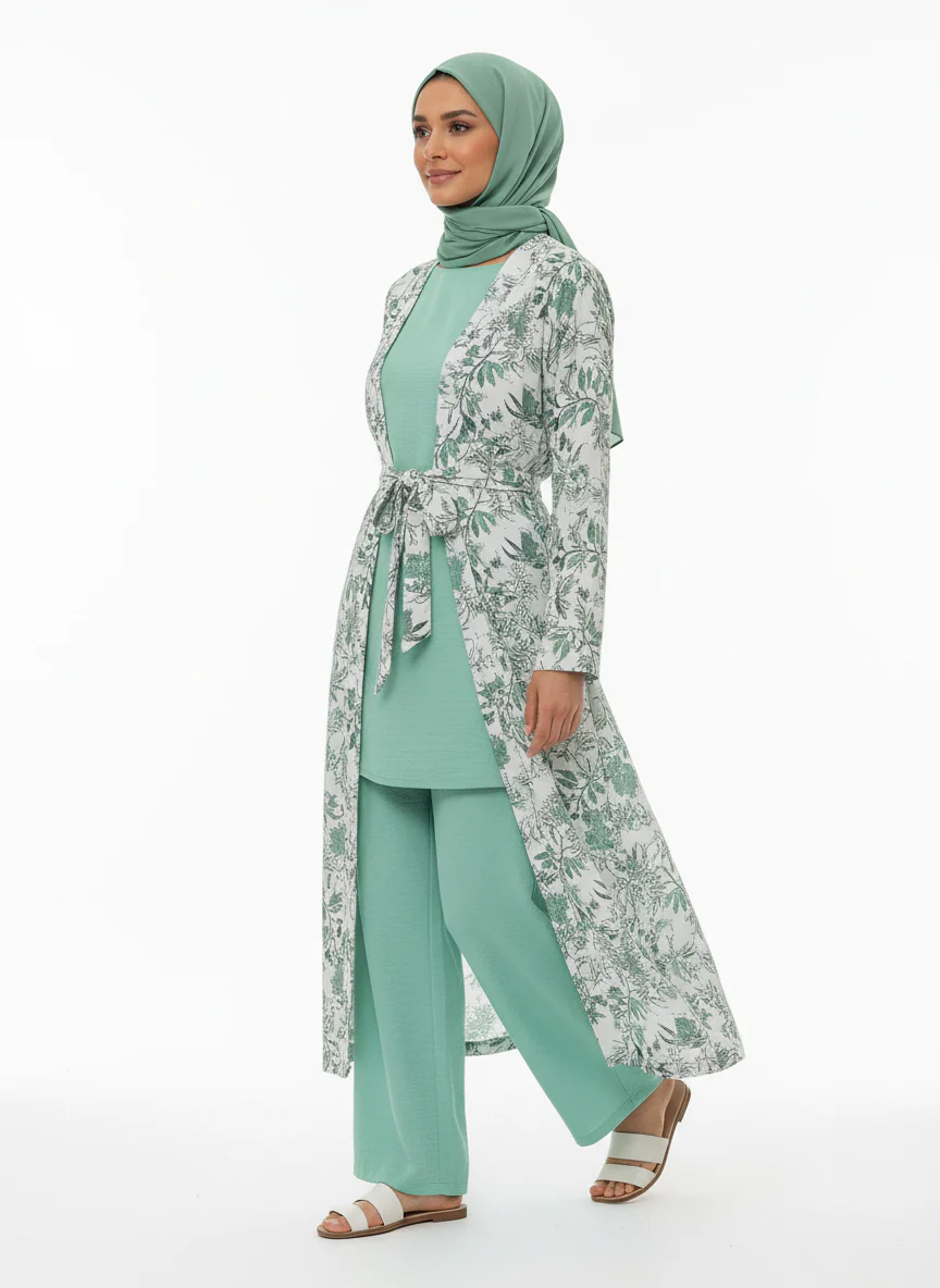 Printed Linen Three-Piece Kimono Set - Image 7