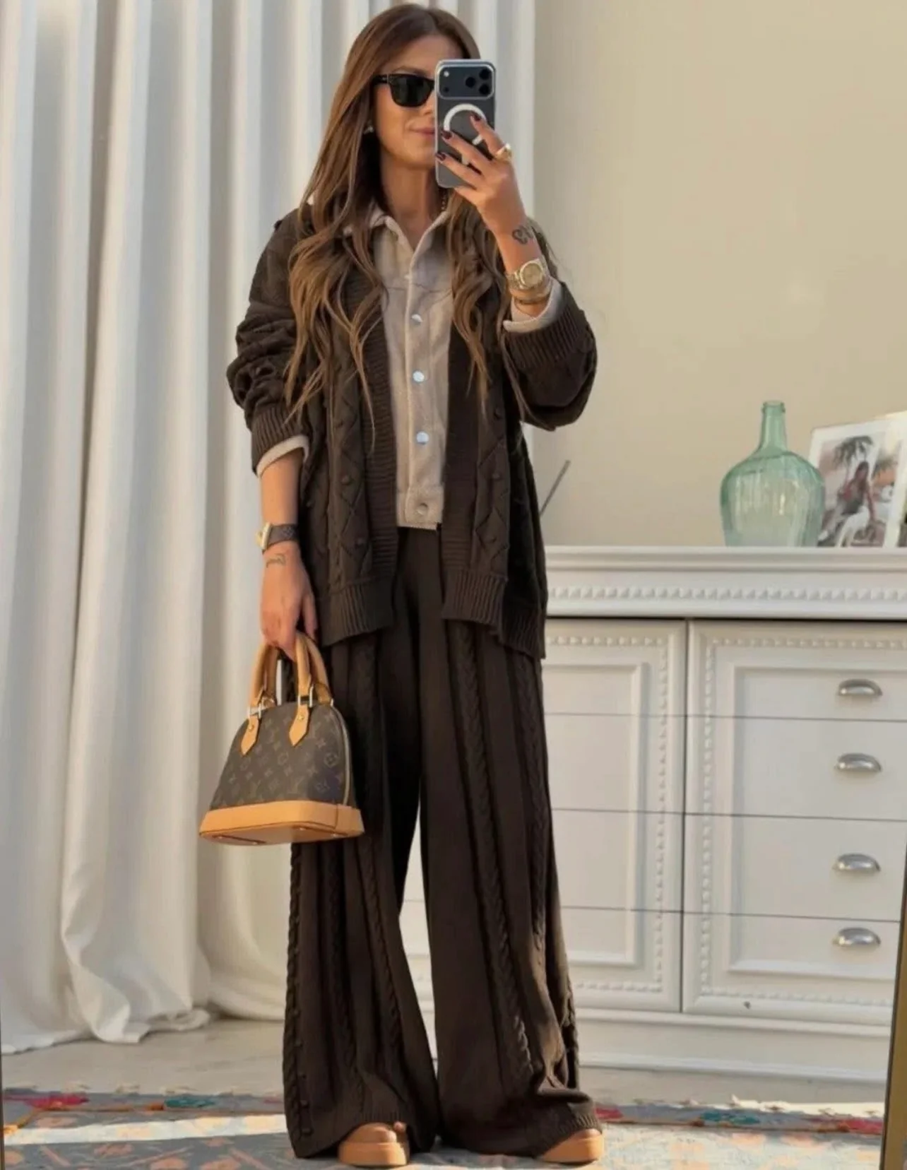 Women’s Cable Knit Cardigan, Top & Pants Set  – 2 Pieces - Image 3