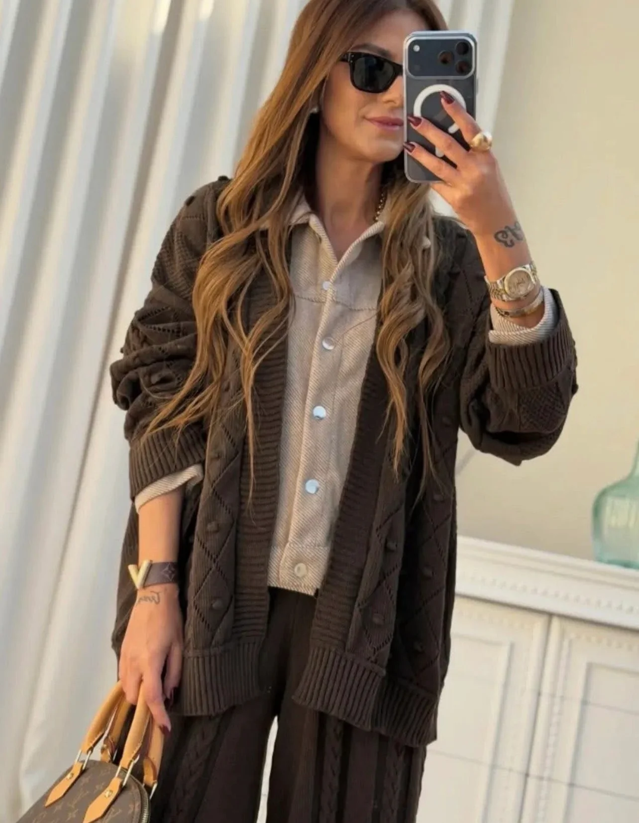 Women’s Cable Knit Cardigan, Top & Pants Set  – 2 Pieces - Image 4